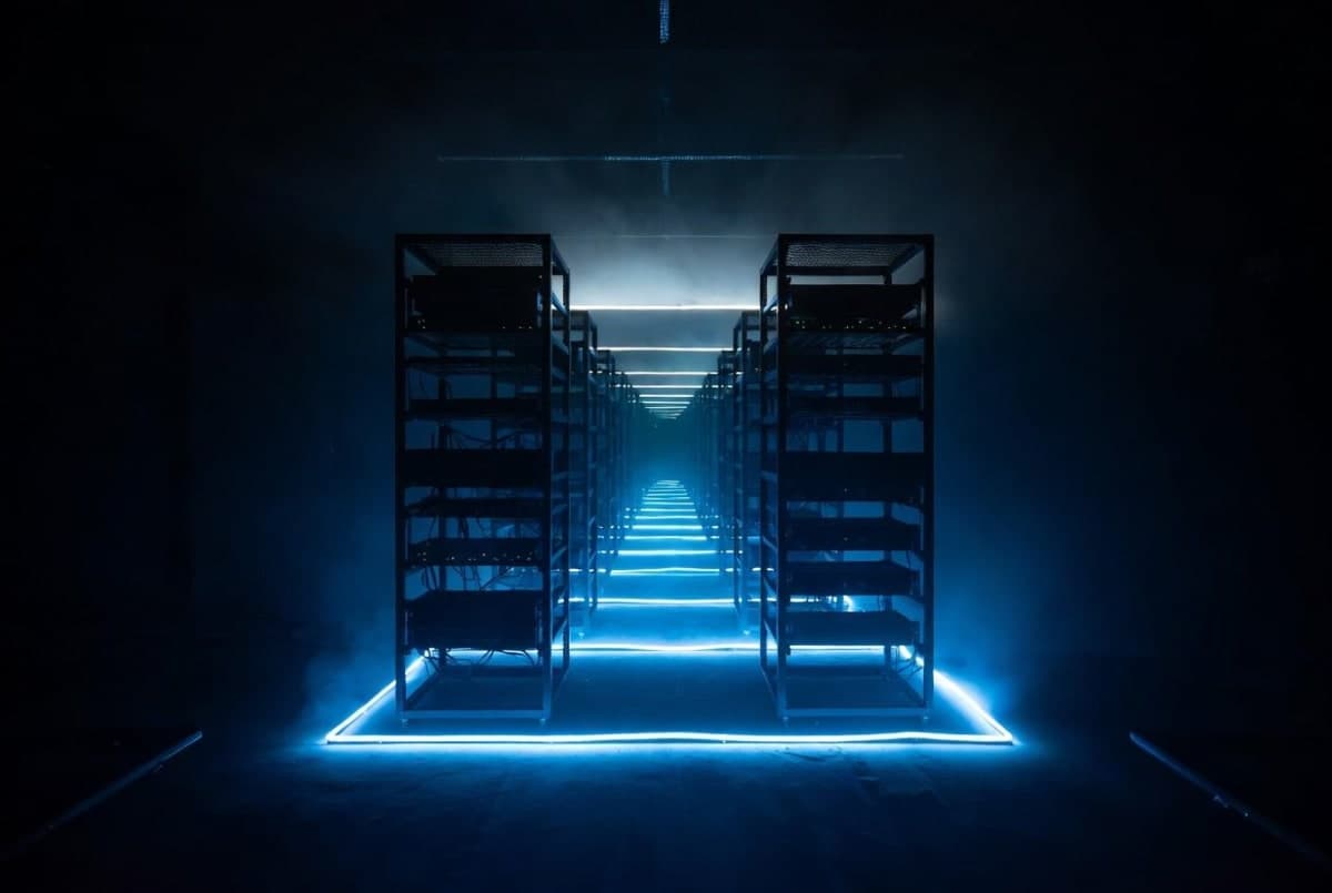 Two server racks reflecting infinitely down a darkened data center corridor, suggesting recursion