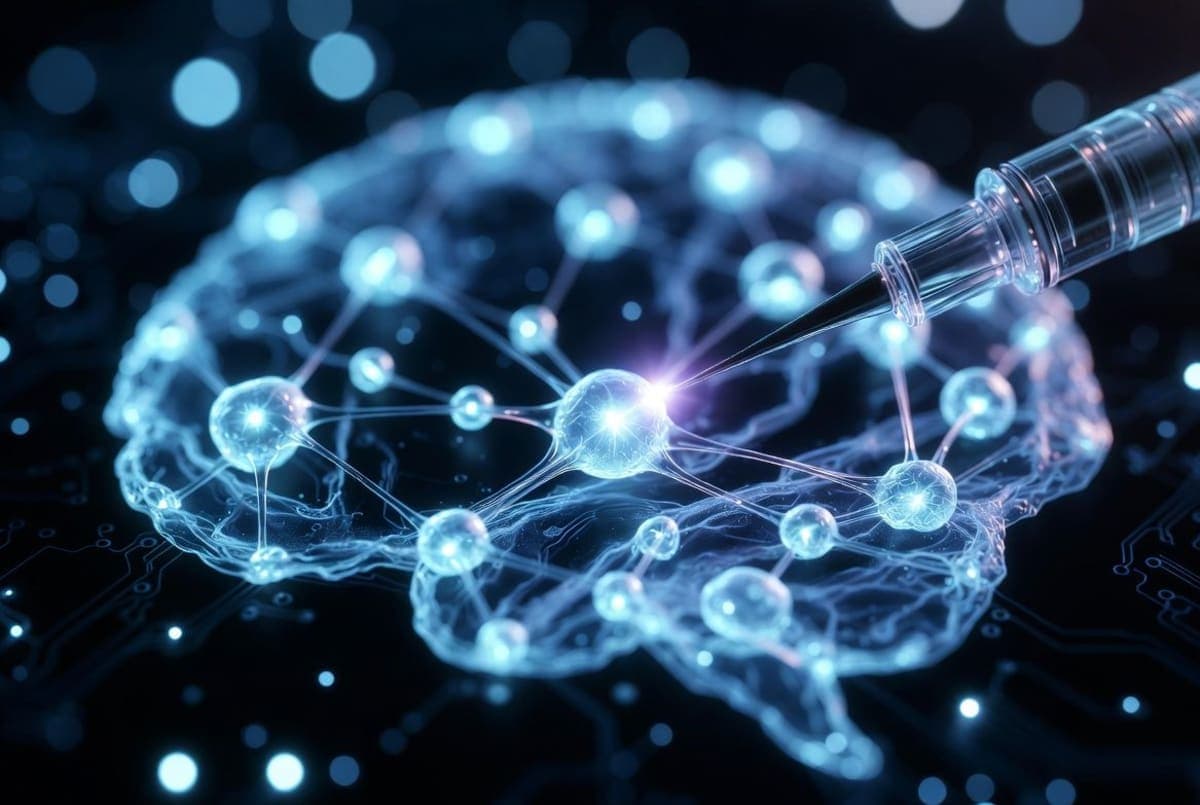Glowing neural network nodes being precisely adjusted with a fine surgical instrument against a dark technological background
