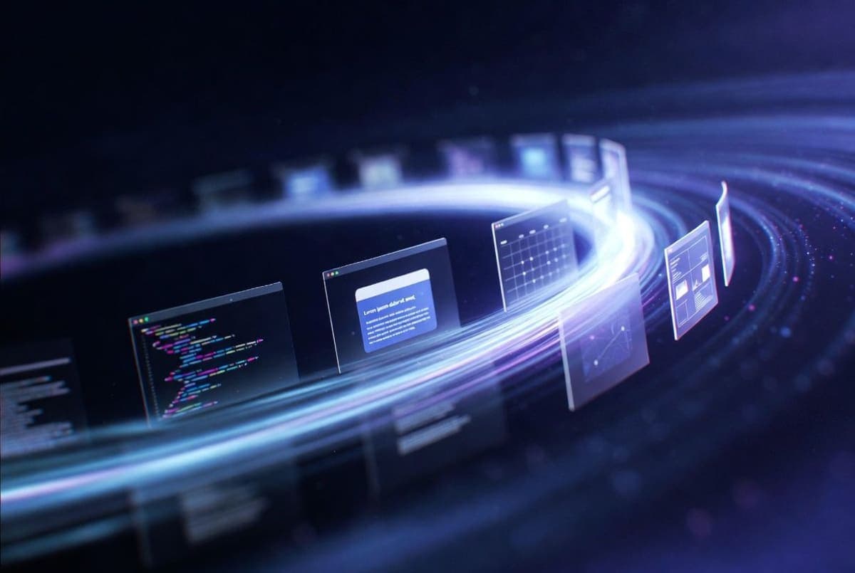 Abstract visualization of a proactive AI assistant connecting work applications including email, calendar, code repository, and design tools