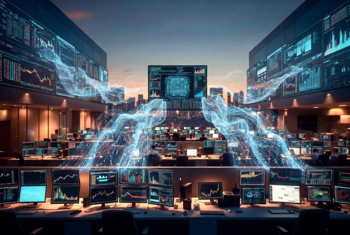 Abstract editorial illustration of a financial trading floor at dusk with glowing data streams flowing between analyst workstations