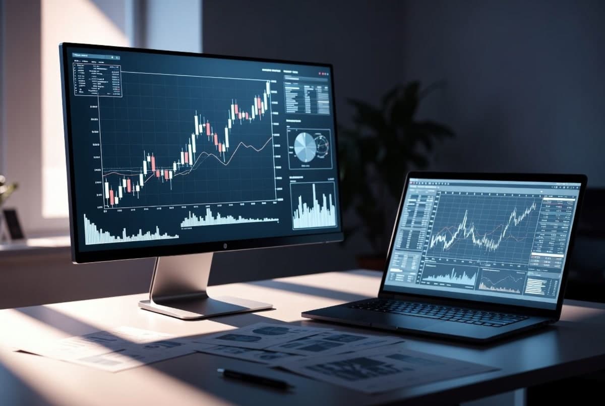 An analyst's desk showing a laptop running spreadsheet models alongside multiple market data screens