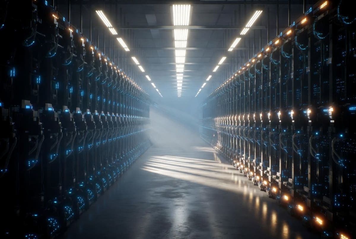 Wide interior view of a large AI data center with rows of GPU server racks under cool industrial lighting