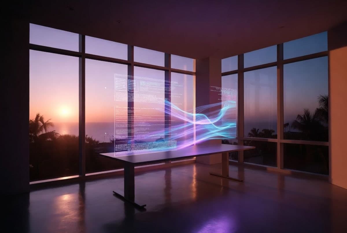 Abstract visualization of dense neural network attention patterns simplifying into sparse linear streams over a Miami skyline at dusk