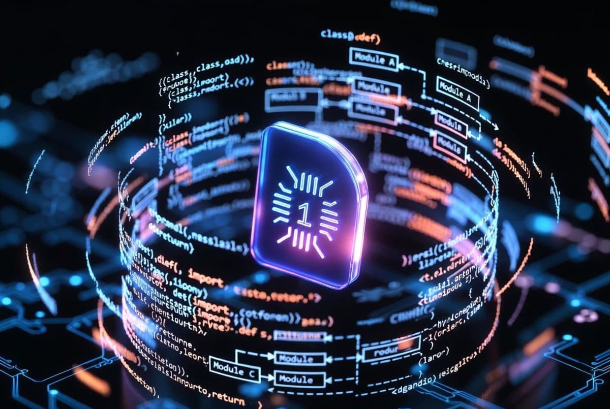 Abstract visualization of a compiled executable binary being deconstructed into source code modules and architectural diagrams