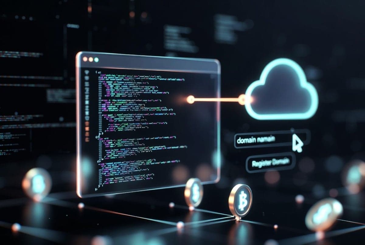 Terminal window showing CLI commands for AI agent provisioning a cloud account and registering a domain, set against a dark developer workspace