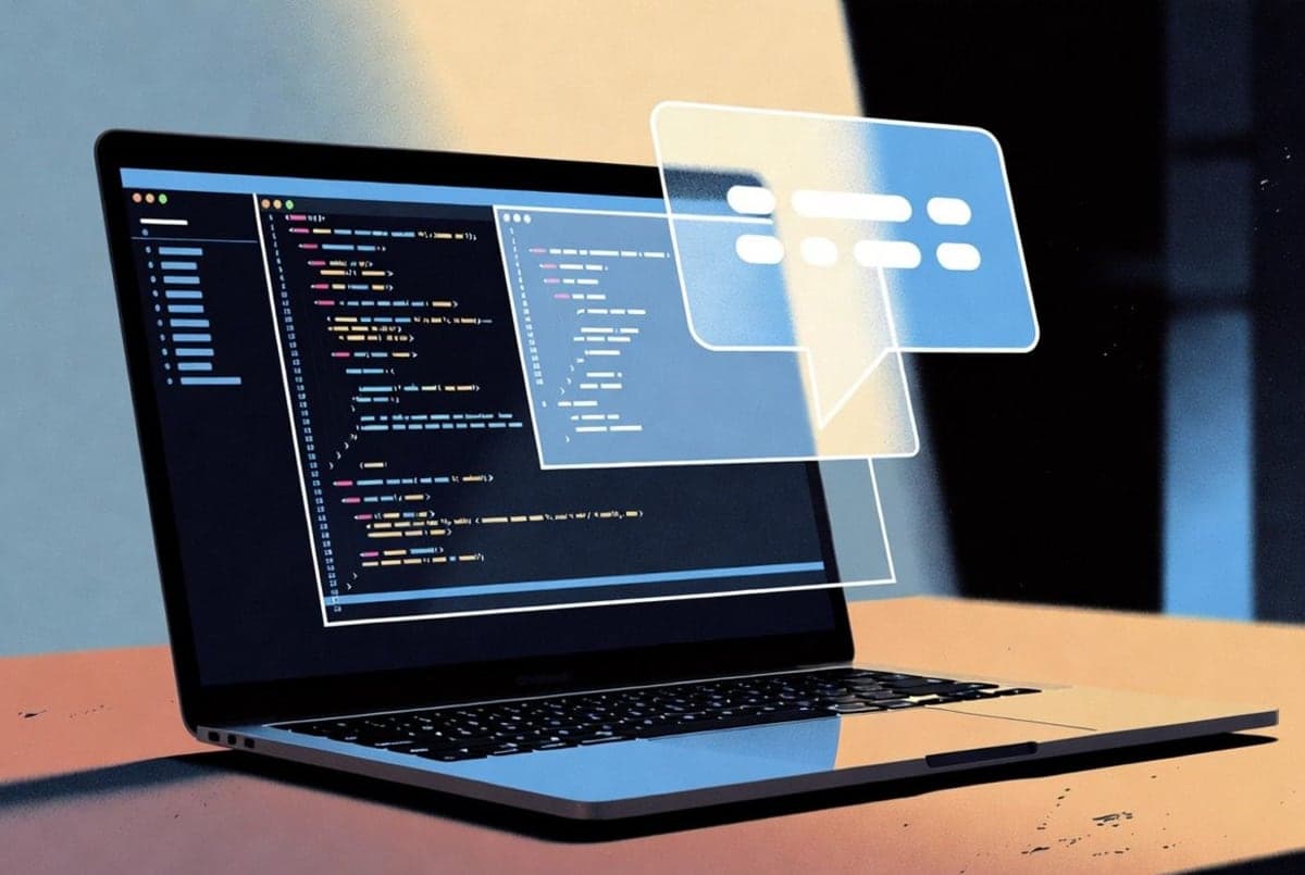 Open laptop on a developer's desk displaying abstract code documentation with overlaid diagram lines and a chat interface, soft ambient lighting
