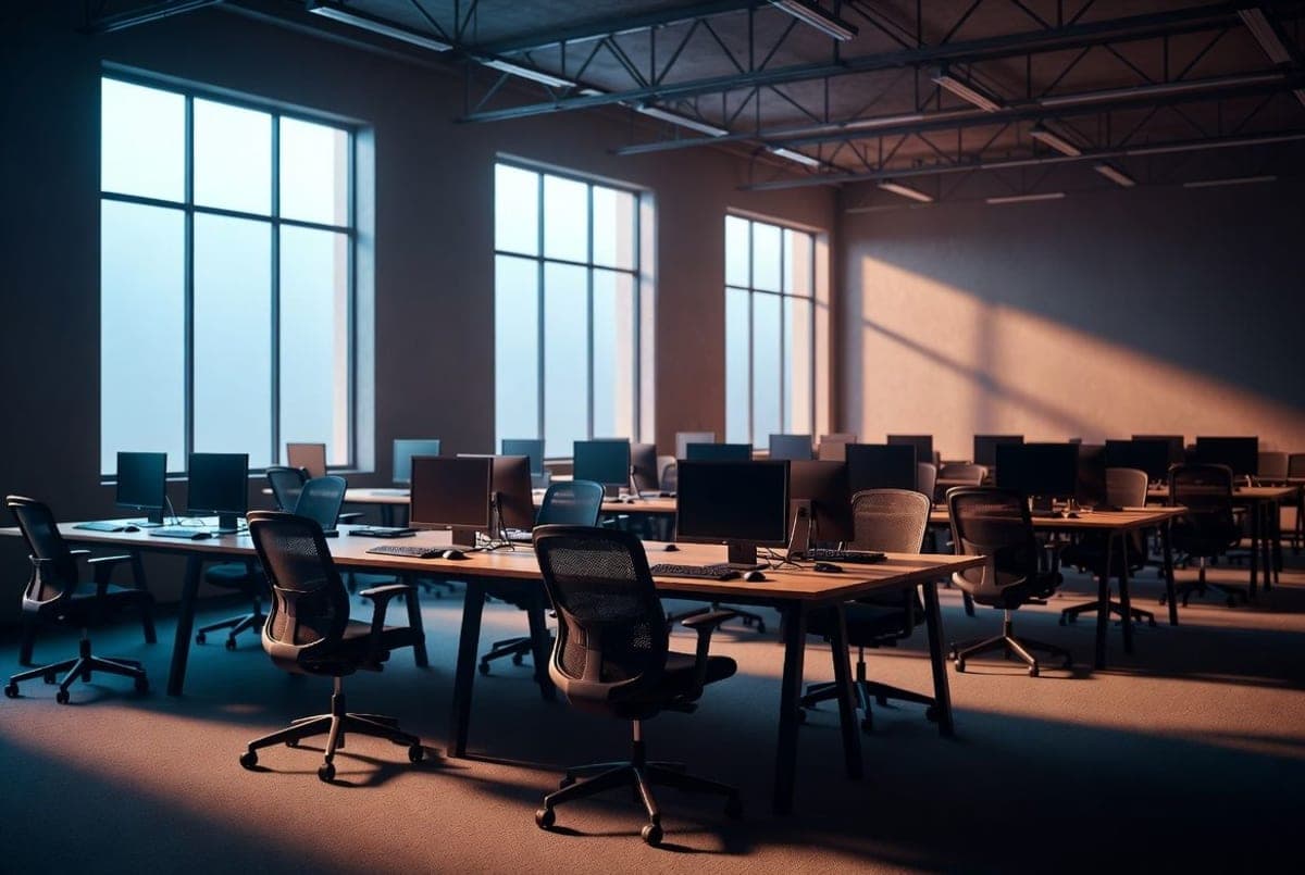 Empty modern tech office with rows of vacant desks and dimmed monitors lit by late afternoon light
