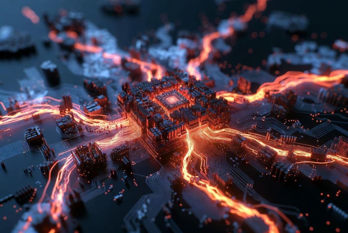 Abstract red and orange circuit pattern radiating outward from a compact glowing core, suggesting an efficient AI accelerator chip