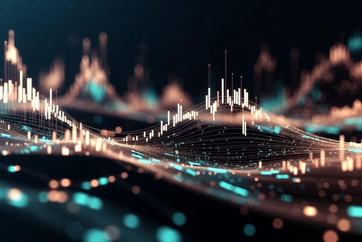 Abstract visualization of audio waveforms streaming through a network of nodes, suggesting real-time voice processing.
