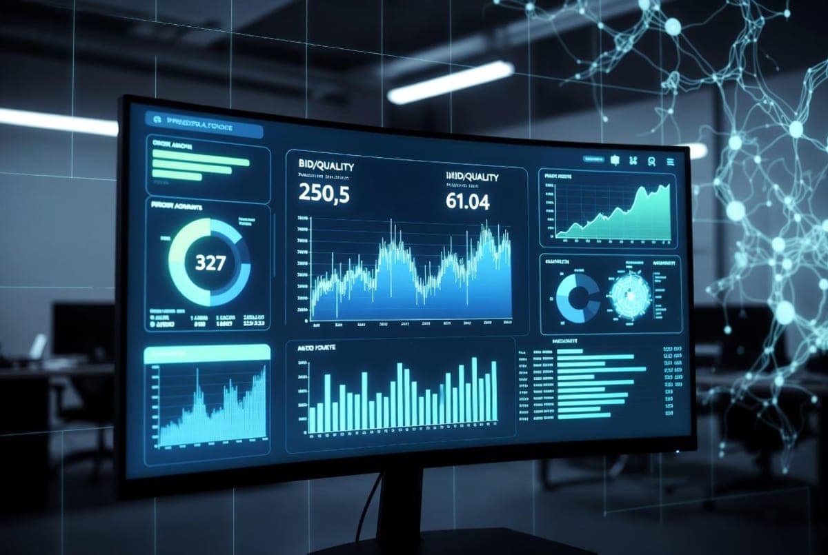 Glowing advertising dashboard on a monitor in a dim office with abstract AI patterns in the background