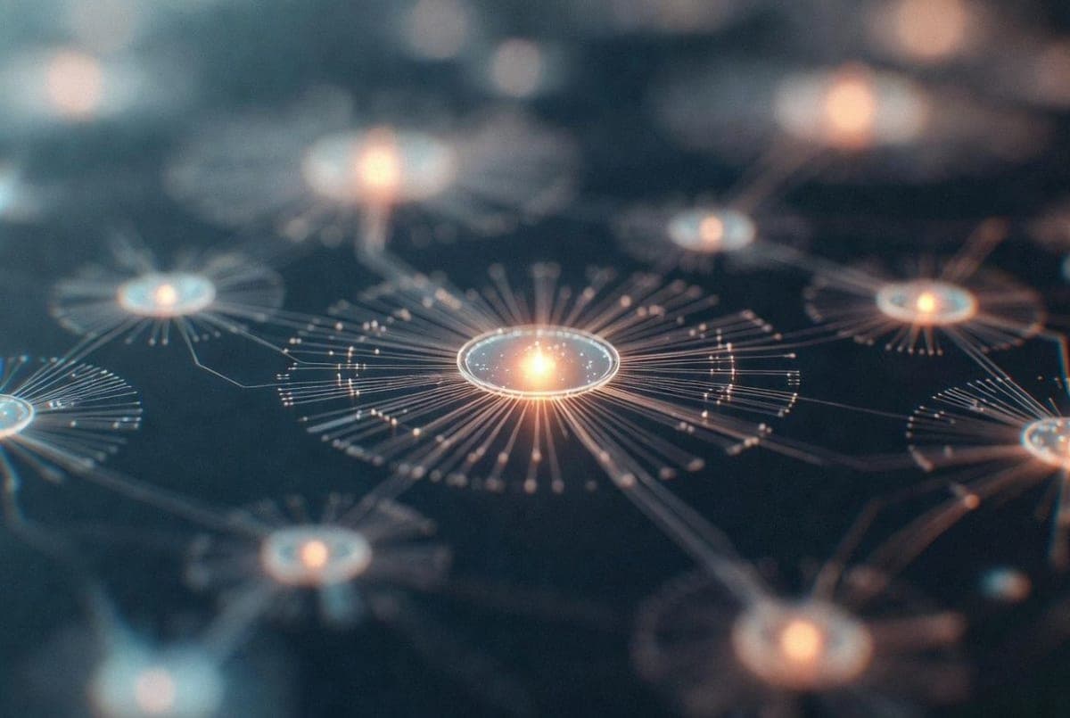 Abstract visualization of interconnected nodes and processes representing AI agent memory and orchestration