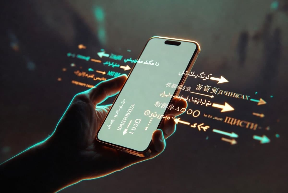 Smartphone displaying multilingual text on a glowing screen, surrounded by language script symbols radiating outward against a dark background