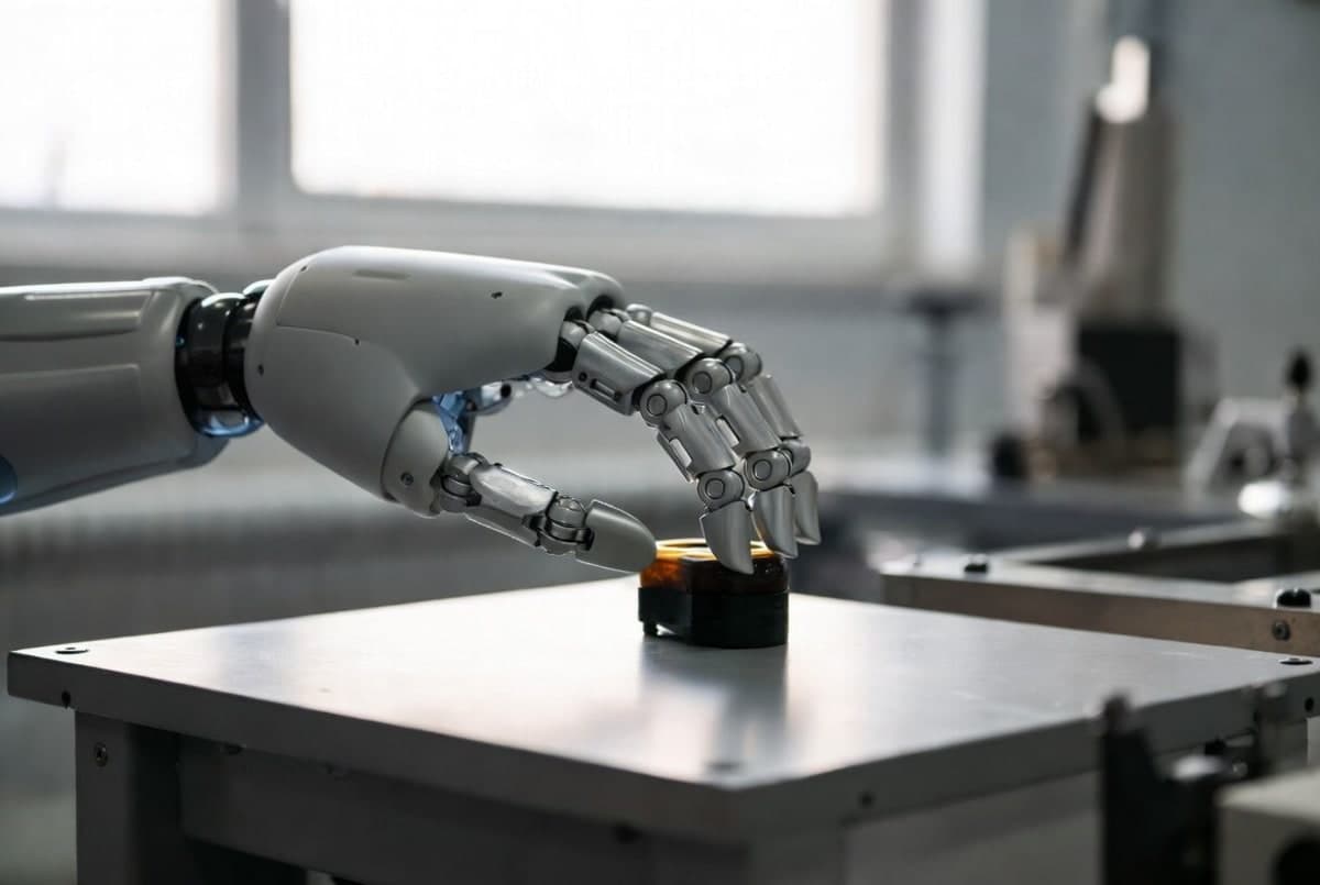 Close-up of a humanoid robotic hand with anatomically accurate fingers manipulating a small object on a clean lab surface