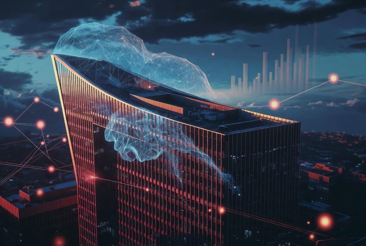 Editorial illustration of a Chinese tech skyline with abstract neural network patterns and rising leaderboard chart bars
