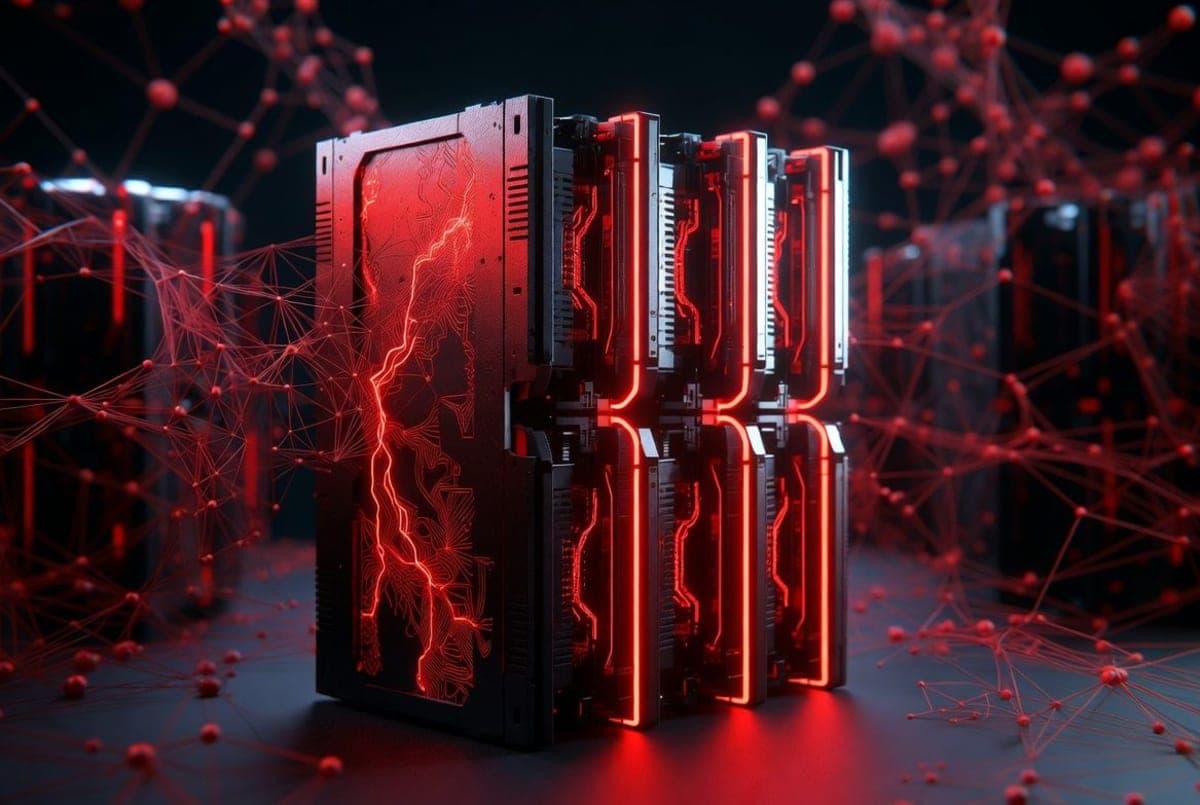 Glowing server rack with red accent lighting representing a large language model trained on AMD hardware