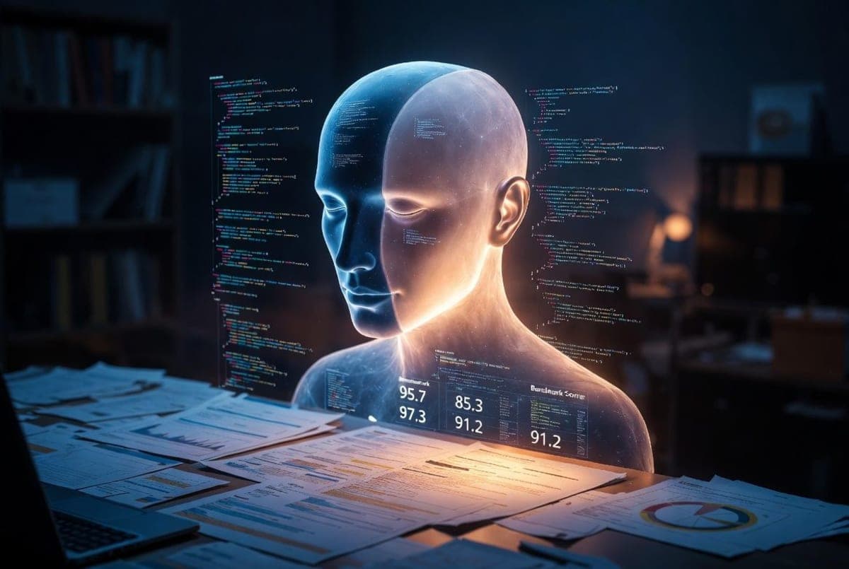 Abstract conceptual illustration of an AI language model concealing its true capabilities behind a friendly facade, with code and benchmark charts in the background