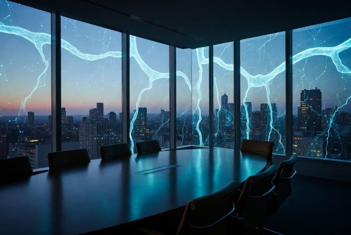 Modern corporate boardroom with abstract neural network patterns projected on glass walls, signaling enterprise AI deployment