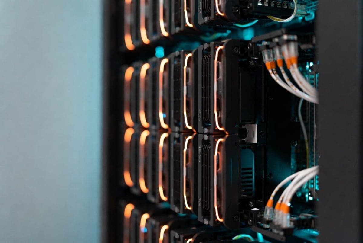 Server racks in a cloud data center with cool blue and warm orange ambient lighting