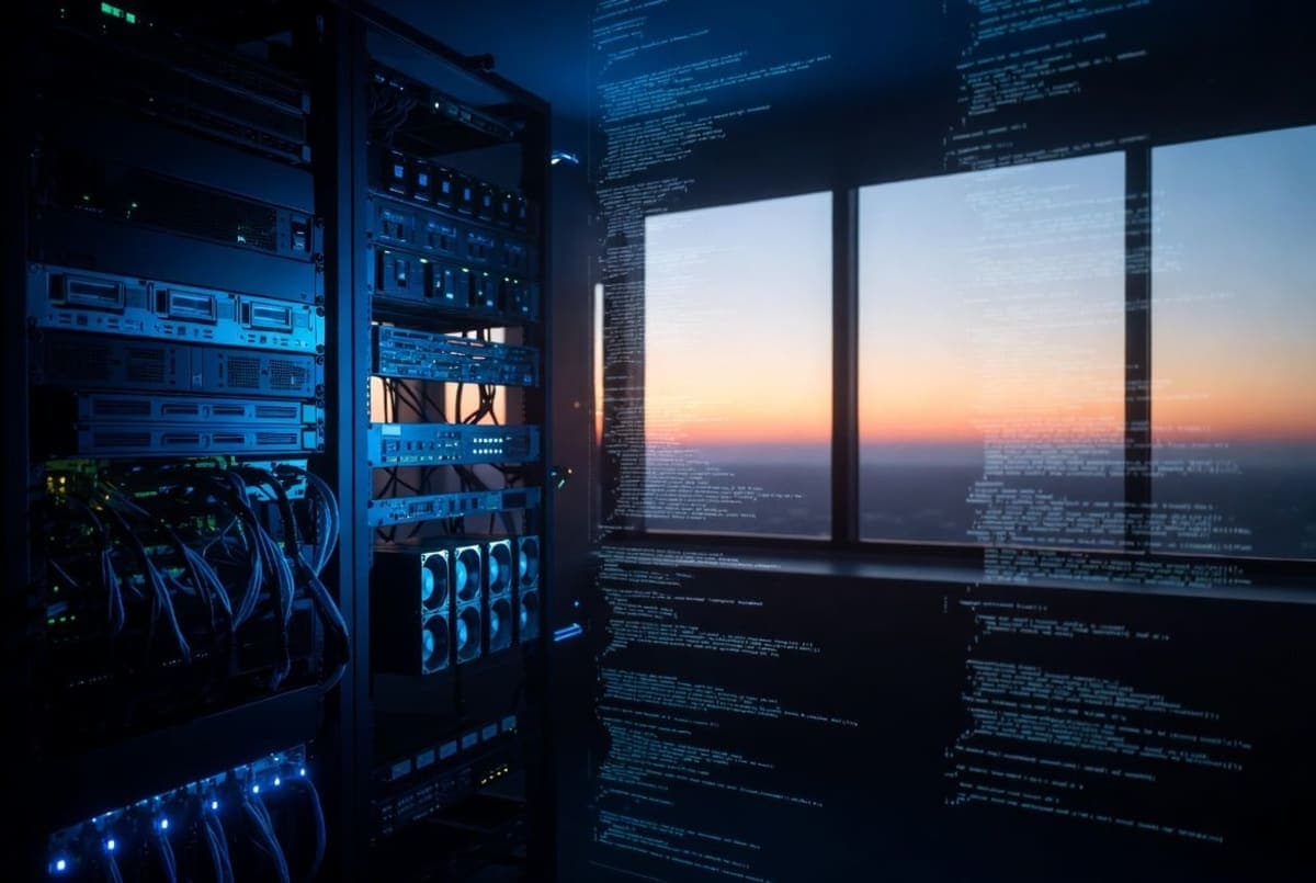 Conceptual illustration of dawn light breaking across a digital cityscape with code patterns and security symbols