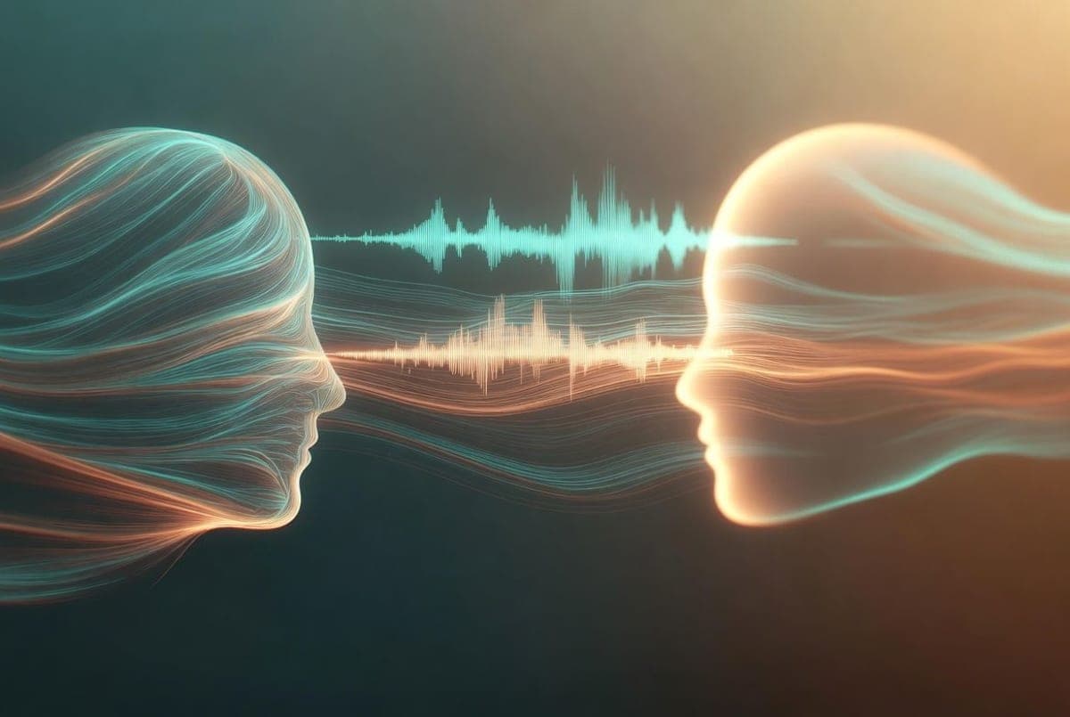 Abstract illustration of simultaneous audio, video, and text streams flowing between a human and an AI presence in real time