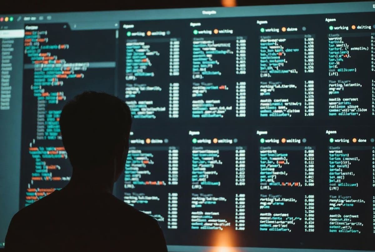 Developer's terminal showing a dashboard of parallel Claude Code sessions with status indicators