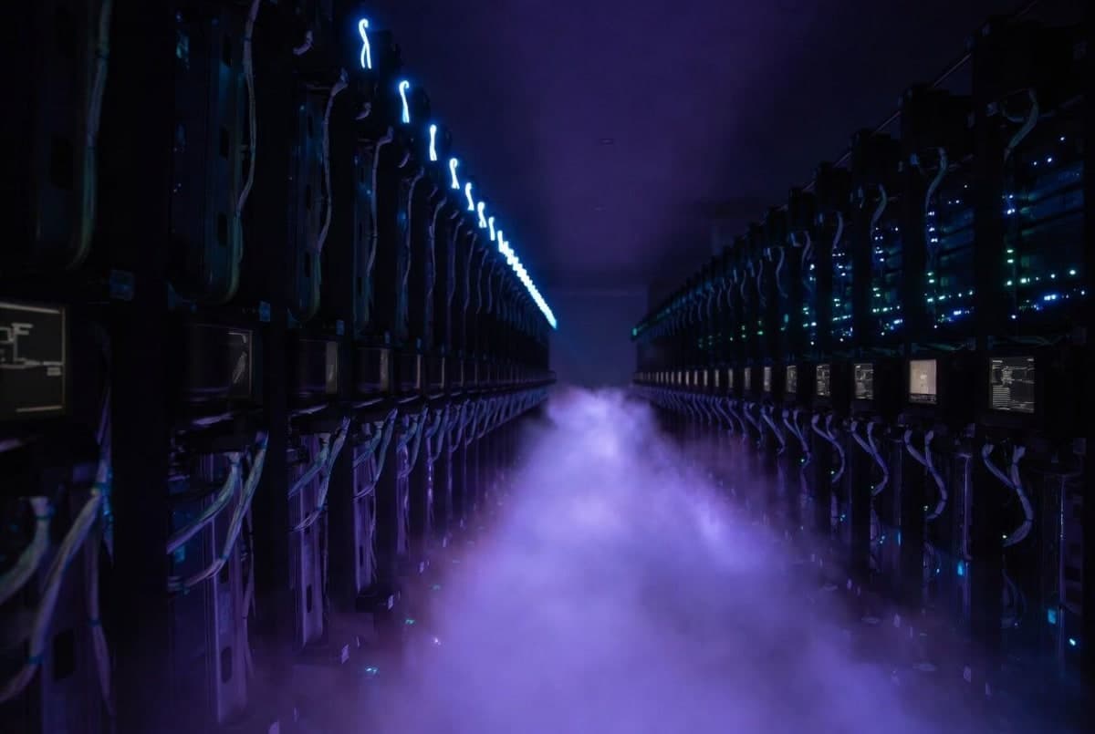 Dim server room with cooling blue light, suggesting a platform powering down