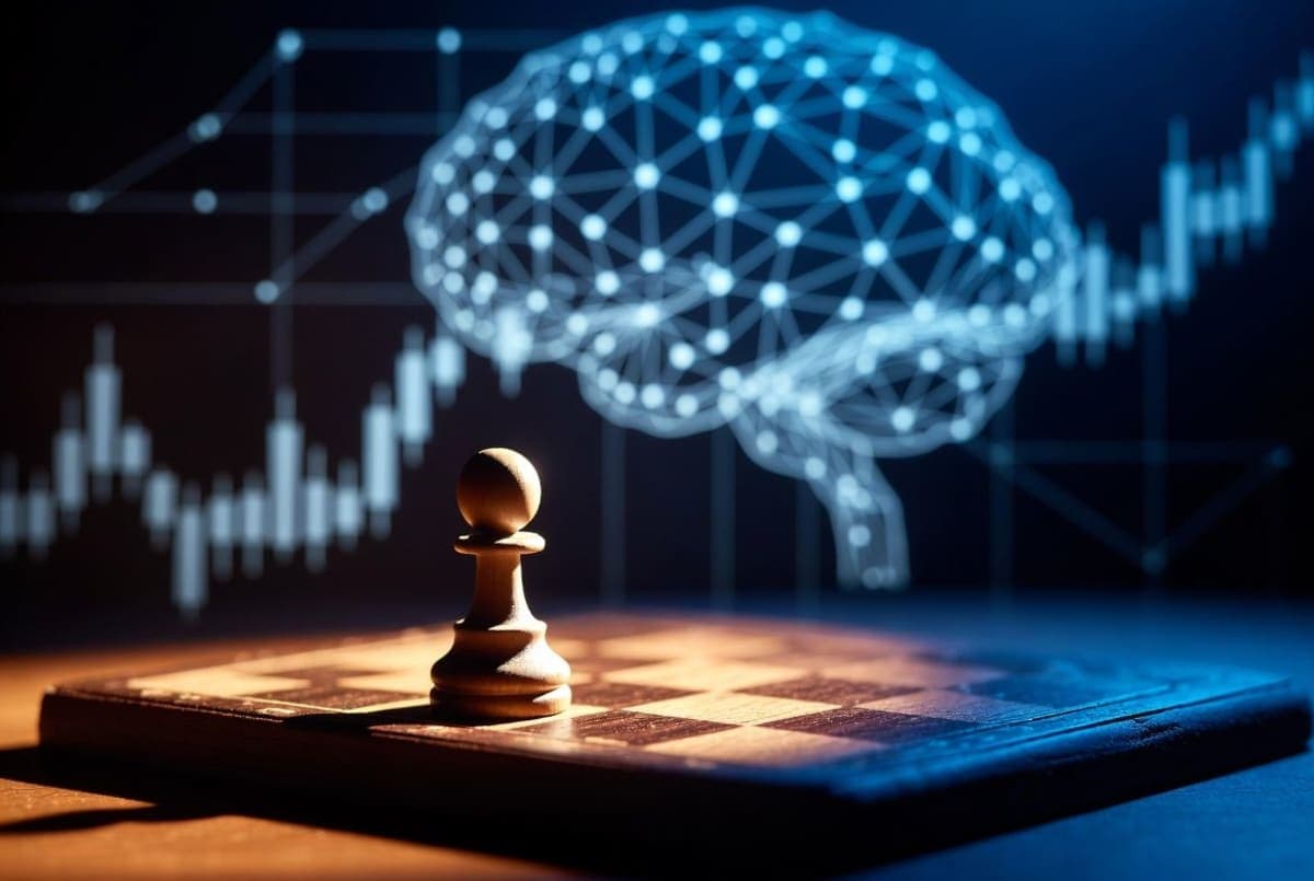 Conceptual scene of a chess piece on a board with neural network patterns in the background, suggesting AI economic modeling