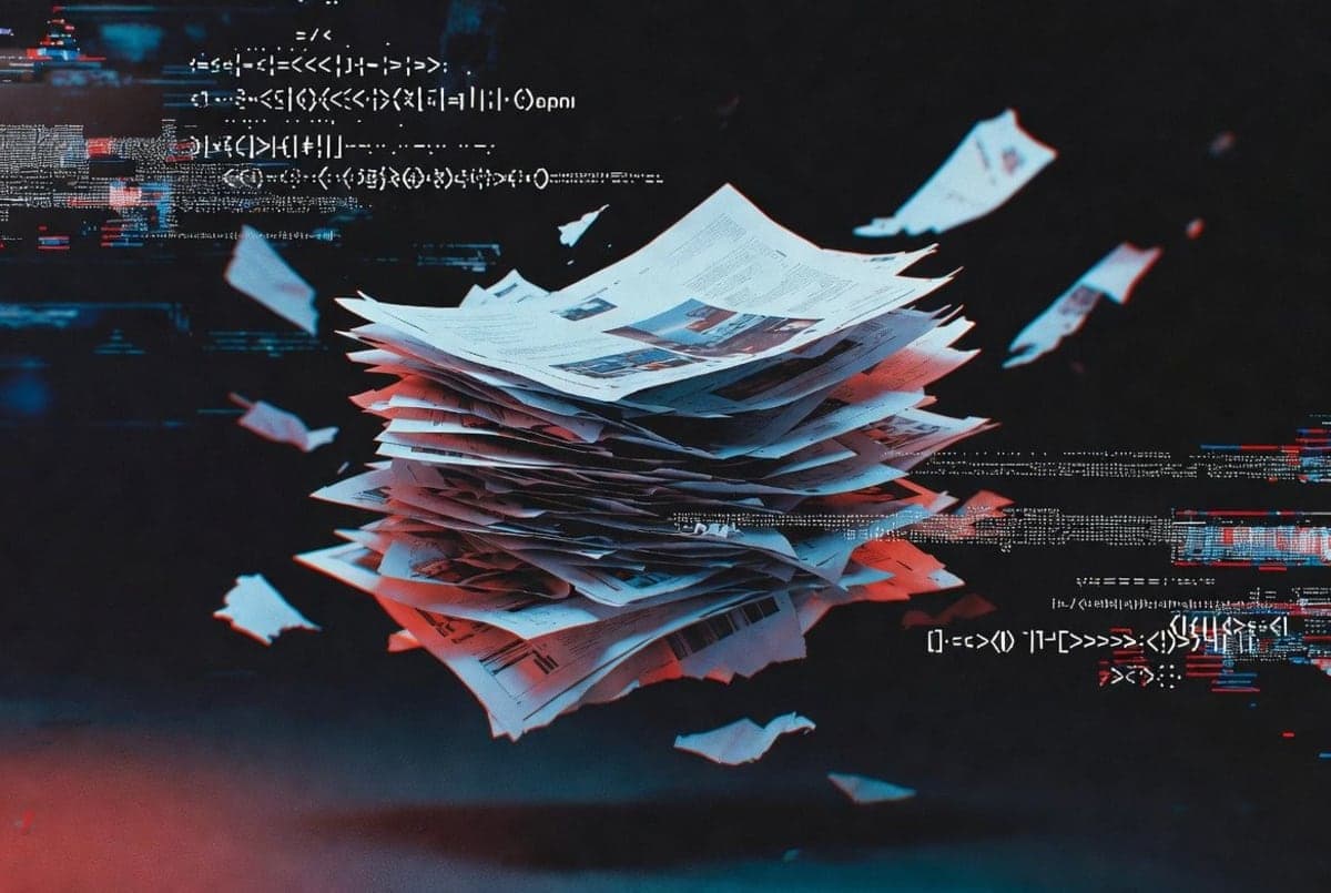 Stylized document pages with fragmented text and red highlighted corruption marks, illustrating AI editing errors over multiple revisions