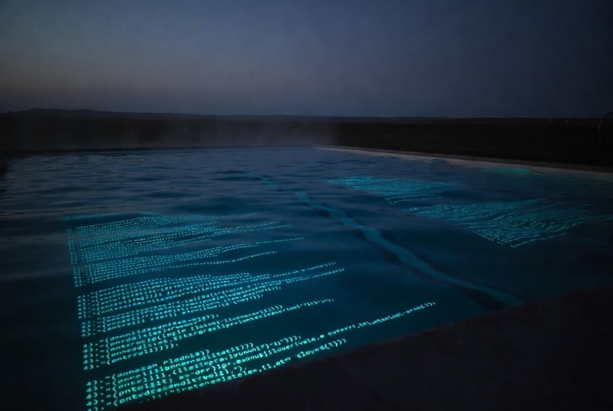 Abstract editorial visualization of code flowing across a pool of water at dusk, representing AI coding models surfacing publicly