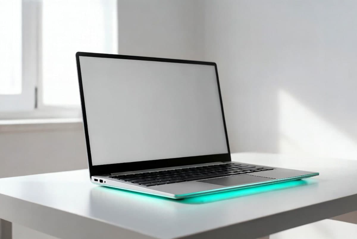 Modern laptop with a thin illuminated glowbar strip along the chassis, lid open on a minimalist desk