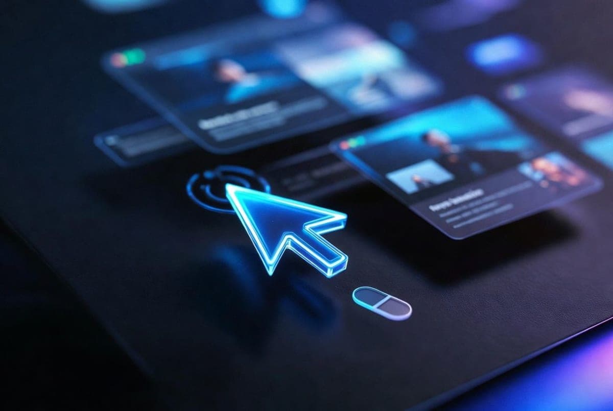A glowing futuristic cursor arrow on a dark computer screen surrounded by floating voice command icons and translucent UI elements