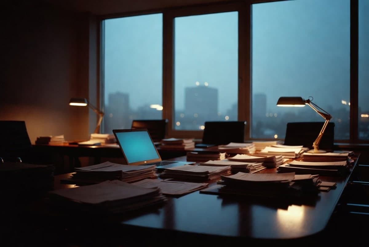 Empty modern law firm conference room at dusk with stacks of documents and an open laptop on a polished wooden table