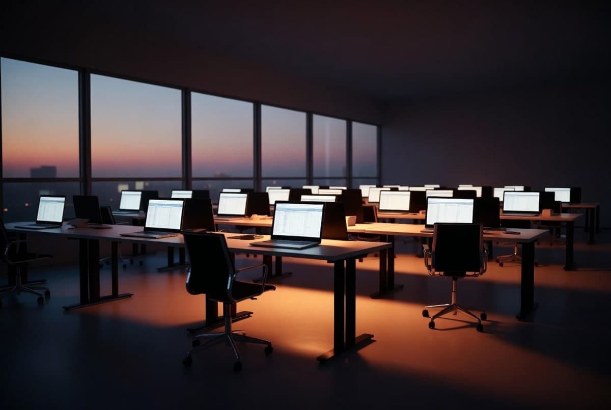 Empty modern open-plan office at dusk with rows of glowing laptops displaying spreadsheet grids