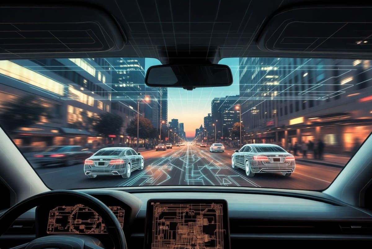 Editorial illustration of an autonomous vehicle dashboard with abstract neural network pathways overlaid on a city street viewed through the windshield
