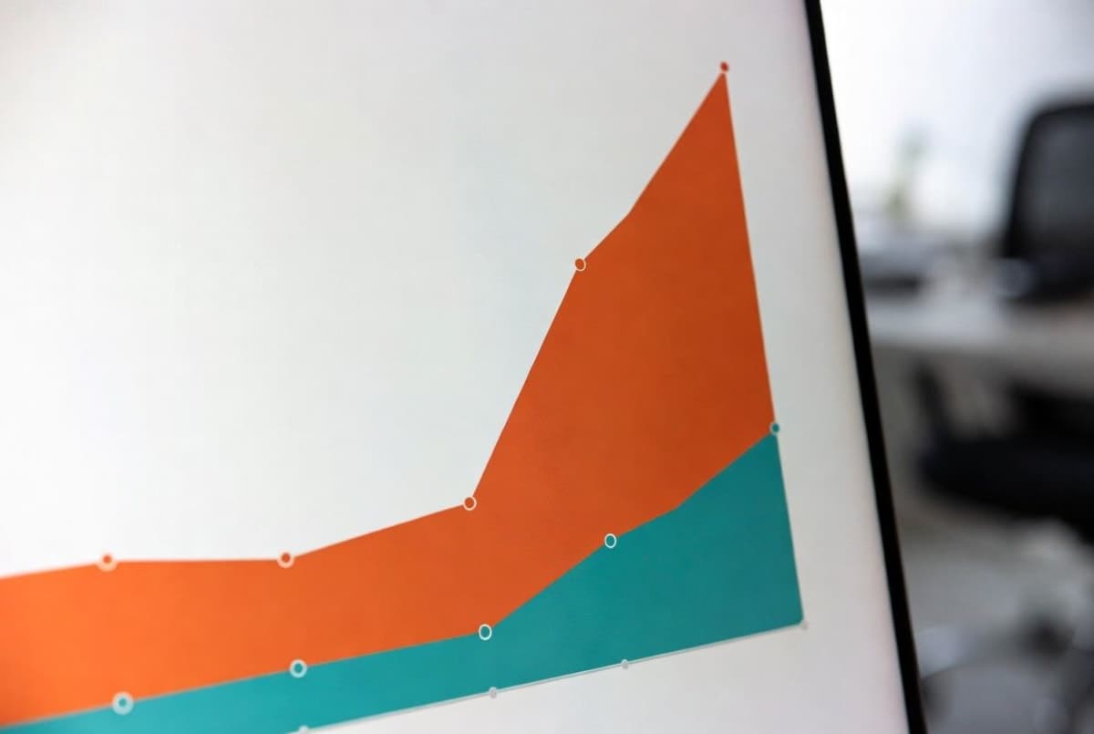 Stylized line chart with one ascending curve labeled Anthropic crossing above another curve labeled OpenAI on a softly lit office desk