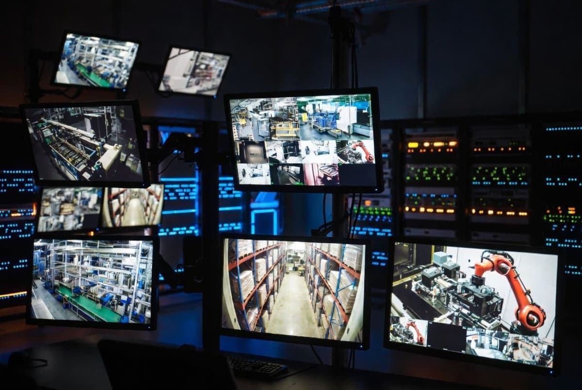Industrial surveillance monitors showing factory floors and warehouse shelves in a dimly lit control room