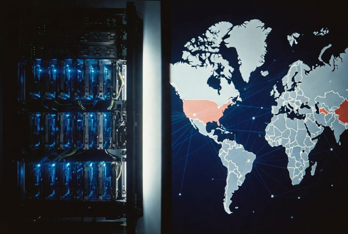Stylized split composition of a server rack and a world map showing US and China highlighted in contrasting tones