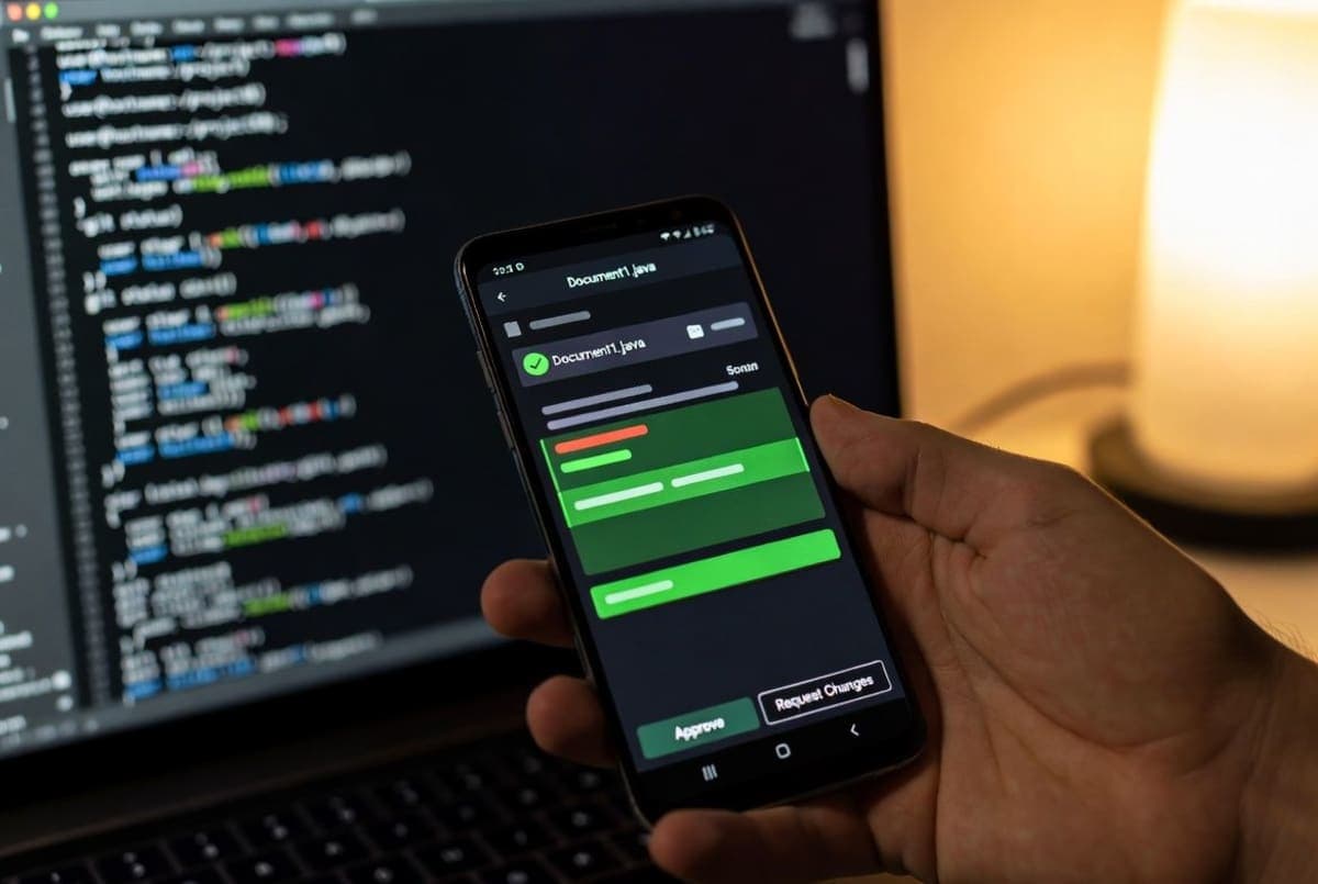 A smartphone displaying a coding interface on a desk next to an open laptop, suggesting remote control of a development environment