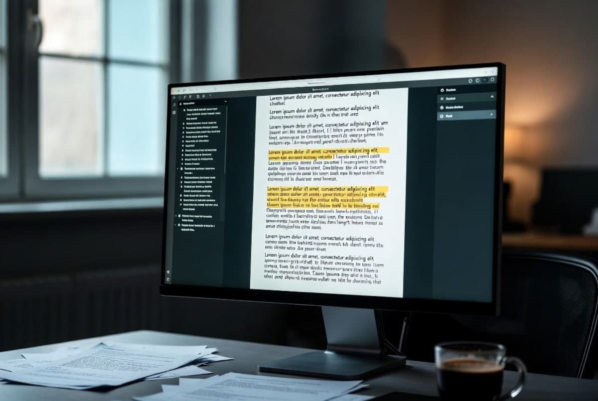Academic paper draft on a computer monitor with visible chatbot placeholder text in a research office