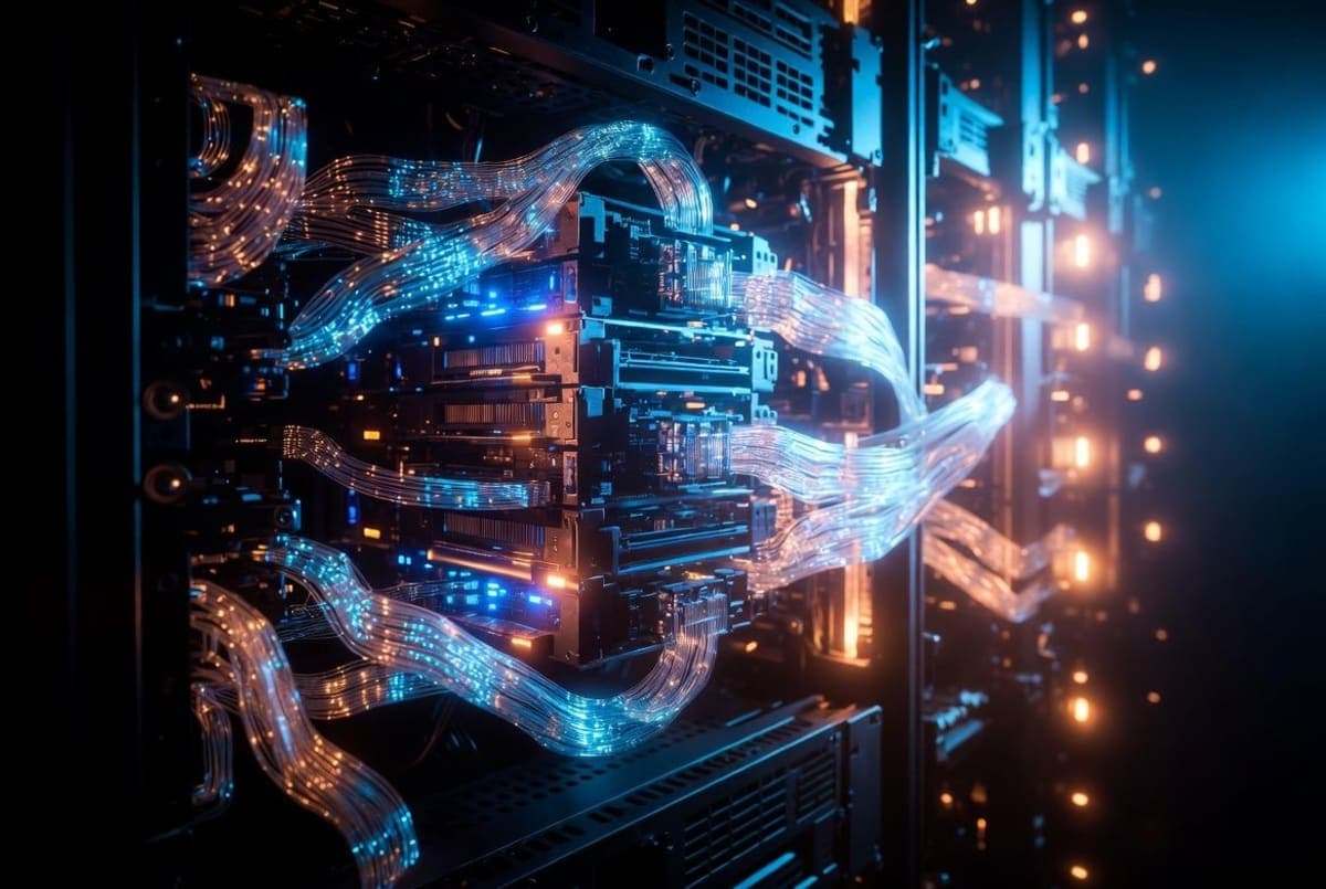 Server rack of NVIDIA H100 GPUs with data streams visualizing memory compression and attention computation