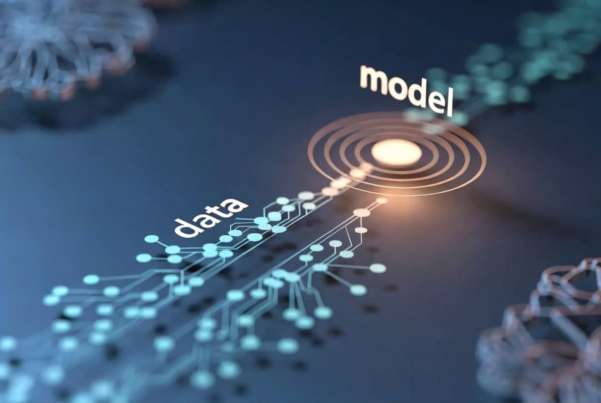 Abstract visualization of automated AI model training with parallel data and model optimization pathways converging on a target