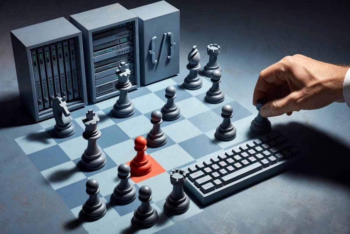 A chess board where the pieces are tech company logos and developer keyboards, with an executive hand reaching in to make a move
