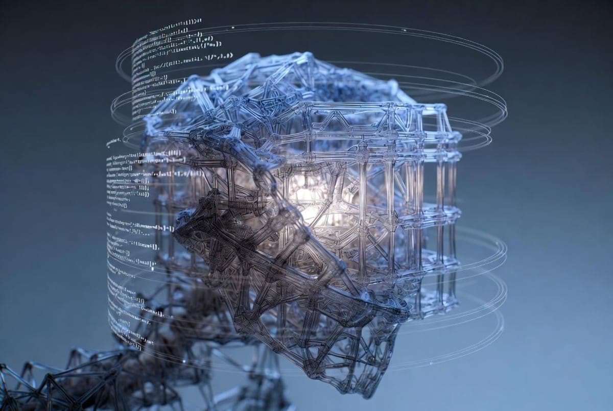 Abstract editorial illustration of a translucent scaffold wrapping around a glowing AI model node, with code fragments orbiting it