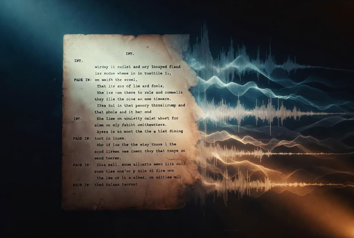 Abstract editorial illustration of a script page dissolving into sound waves