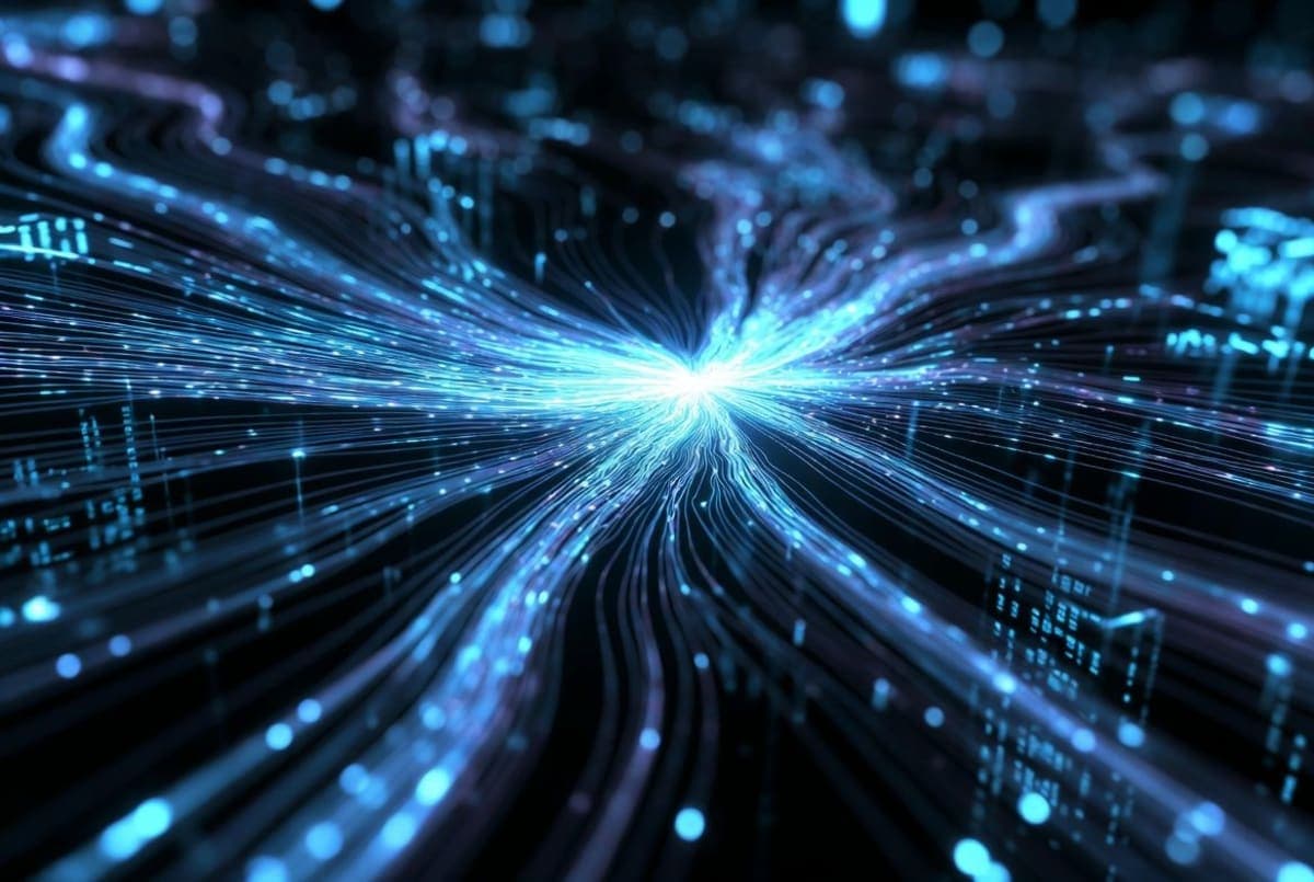 Abstract visualization of compressed neural network attention layers with data flowing through narrowed pathways