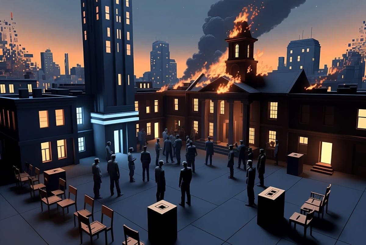 Stylized isometric illustration of a virtual city at dusk with a burning town hall, ten humanoid AI figures scattered across a town square