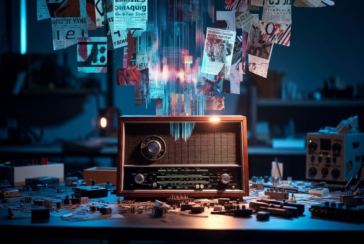 Retro tabletop radio glowing in a dim lab with abstract broadcast waveforms