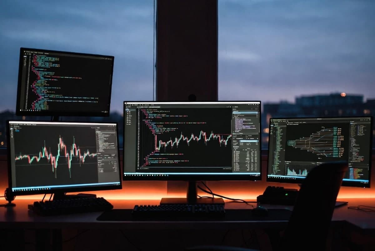 Computer screens in a dim office showing AI model interfaces and code, with a developer reviewing output