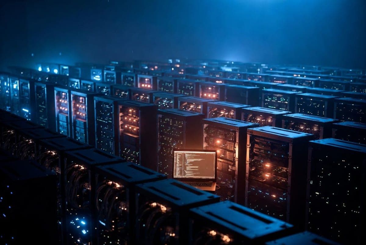 A dimly lit data center server room with glowing racks beside a single developer workstation