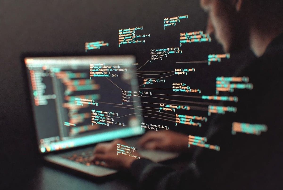 Abstract editorial illustration of code being assembled by an autonomous agent inside a developer IDE, with overlapping data streams suggesting model training